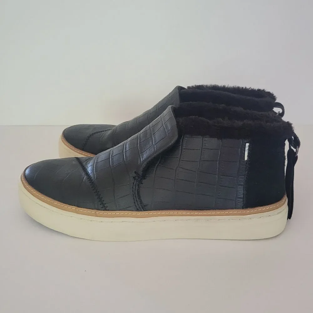 TOMS Paxton Black Croc Embossed Leather Faux Fur Lined Slip-on Sneakers